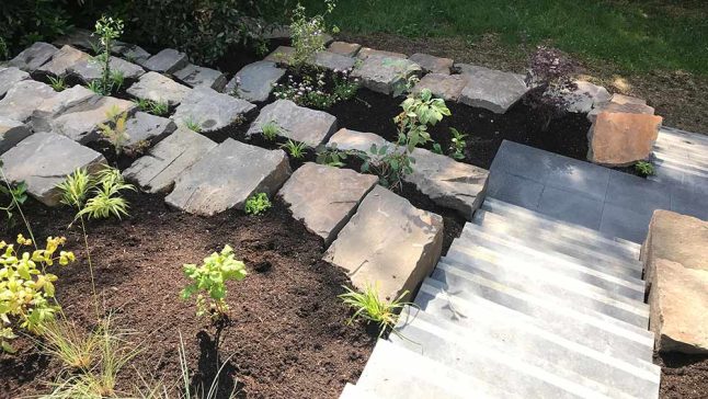 Natursteinmauer mit Treppenanlage im Garten