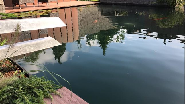 Gartenteich mit schwebenden Trittstufen und Holzterrass