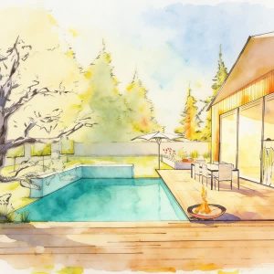 Illustration eines Gartens mit Pool, Poolhaus und Feuerstelle