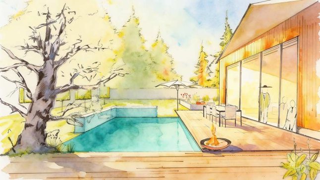 Zeichnung eines Gartens mit Pool, Lagerfeuer und Baum
