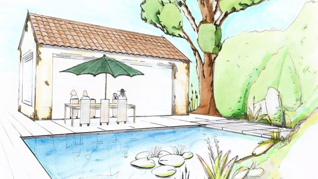 Illustration von Haus, Pool und Baum