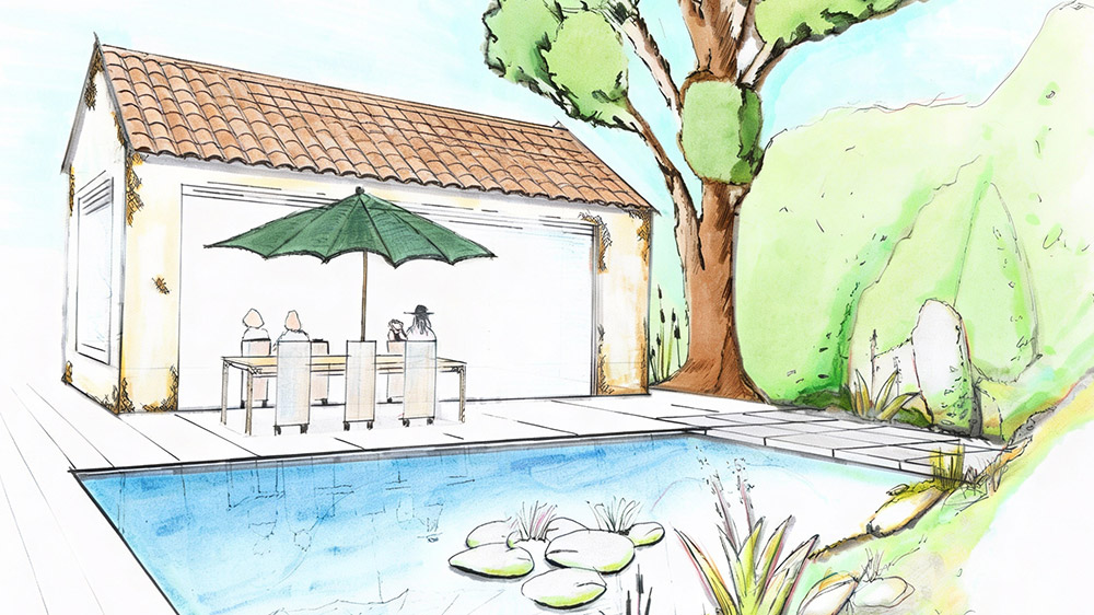 Illustration von Haus, Pool und Baum