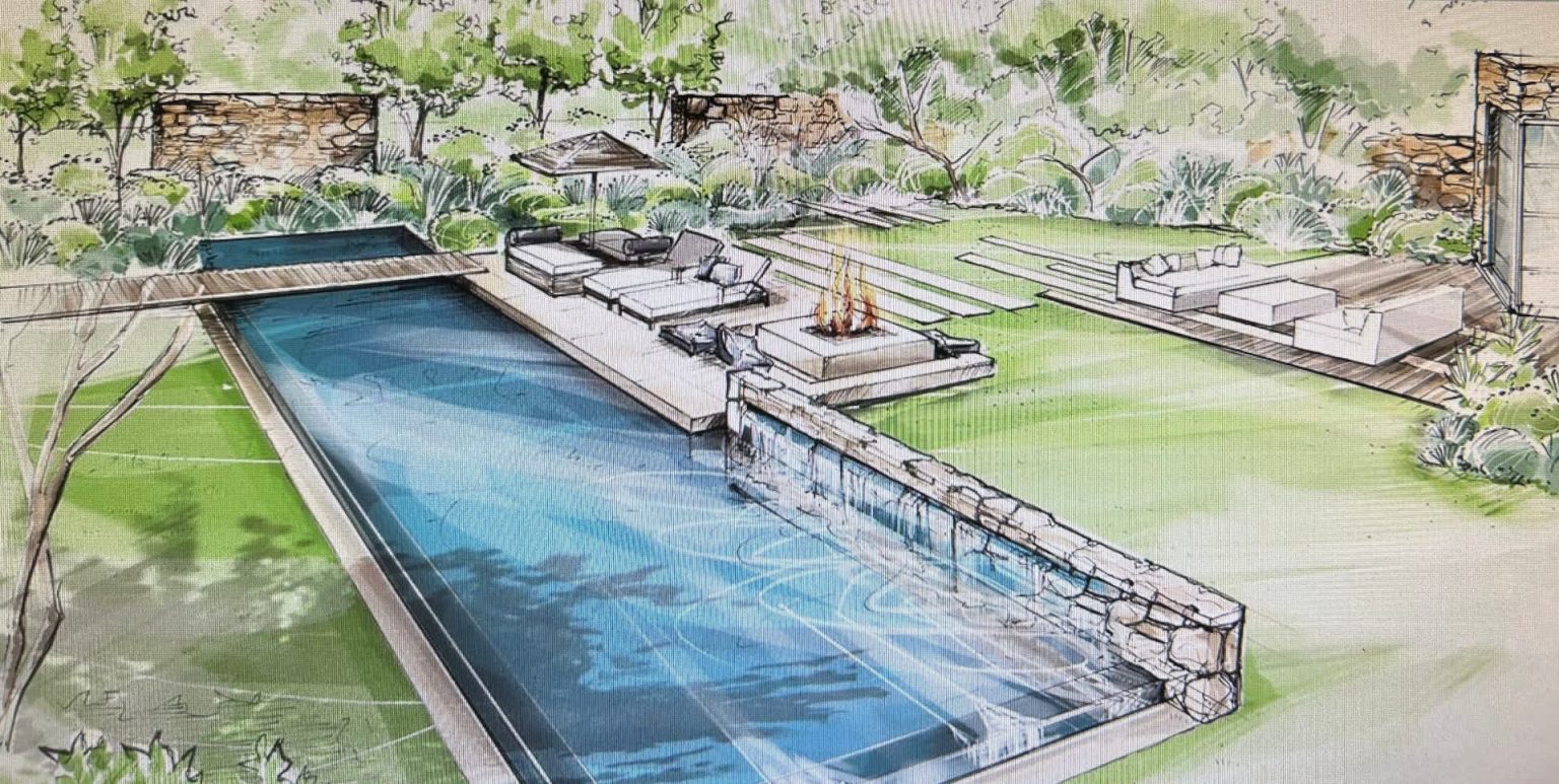 Visualisierung eines Gartendesigns mit Pool, Feuerstelle und Liegefl&auml;chen durch die Schatzgarten GmbH