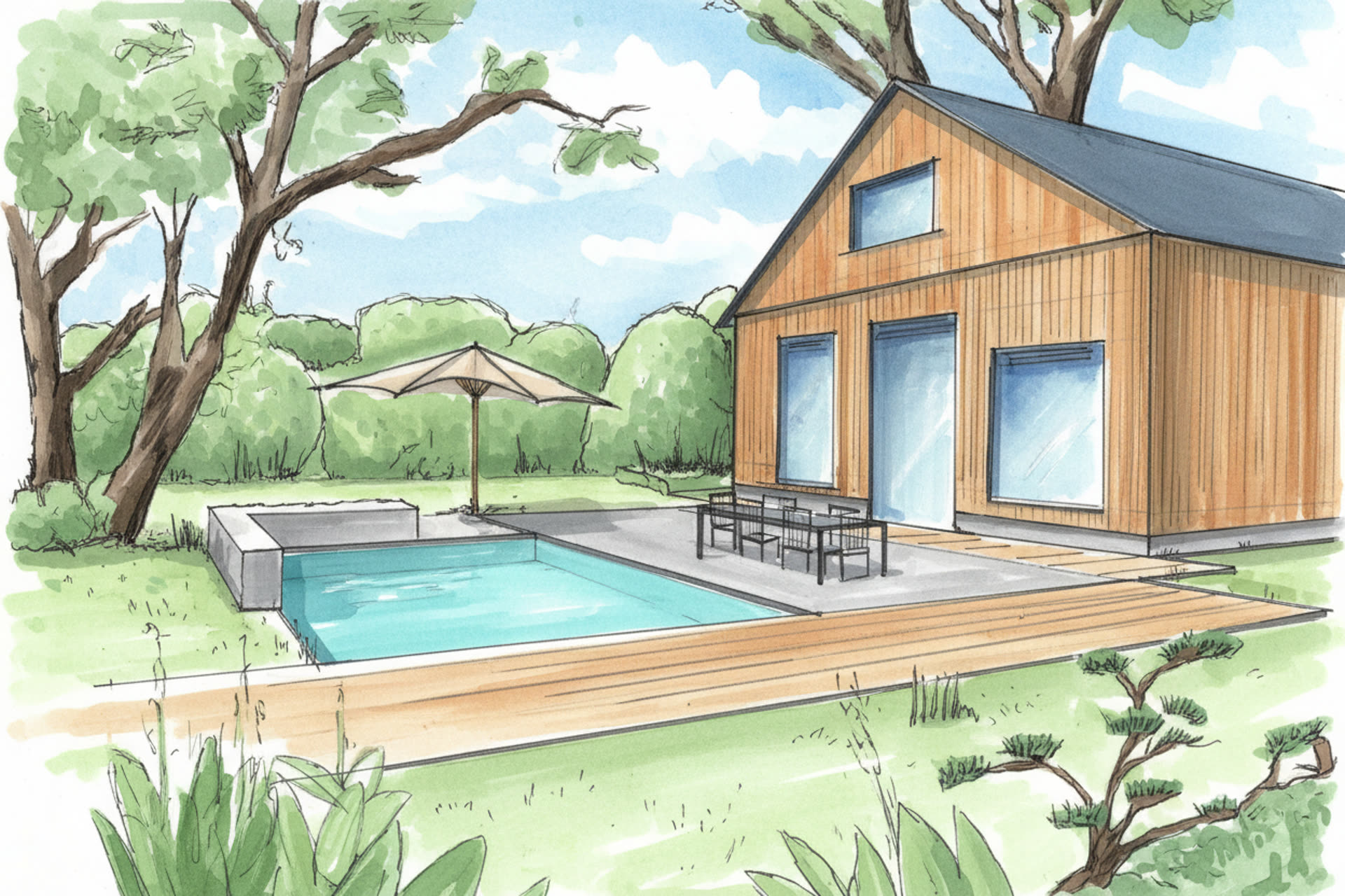 Gartenplanung der Schatzgarten GmbH mit Haus, Pool und Bepflanzung