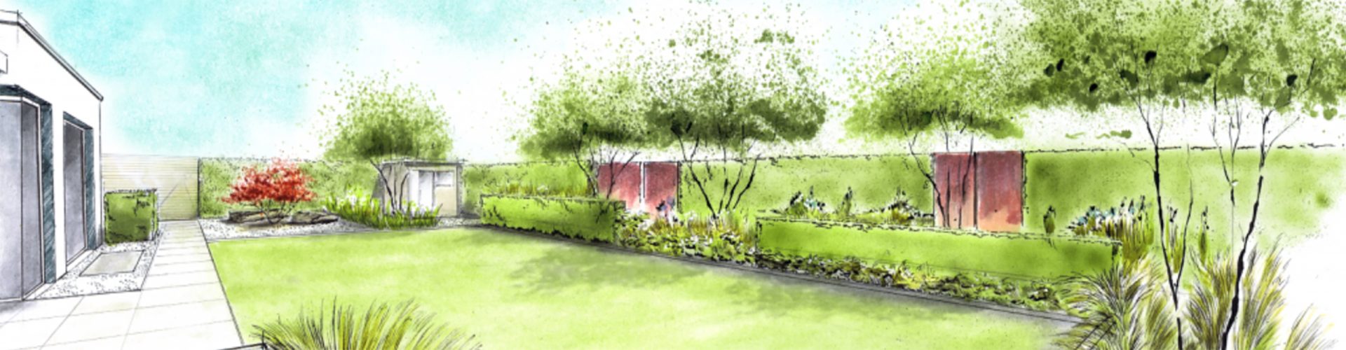 Illustration von Haus, Pool und Baum